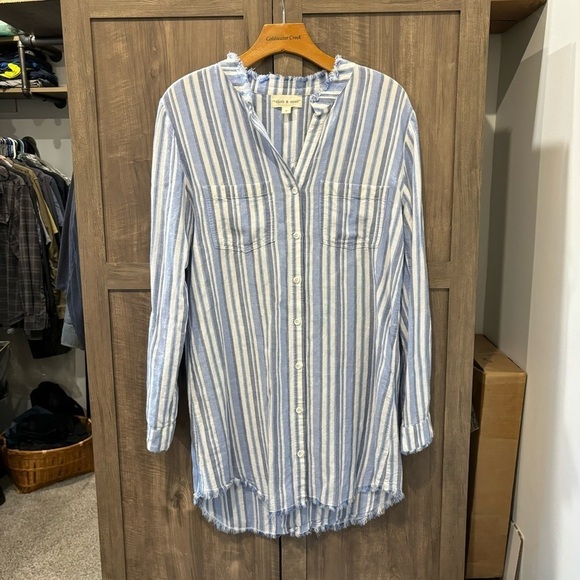 Cloth & Stone Small Shirt Dress western fray striped Roll Tab Sleeves - Picture 3 of 12